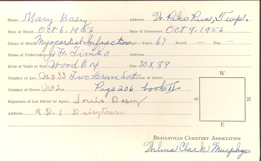 Mary Basey  burial card